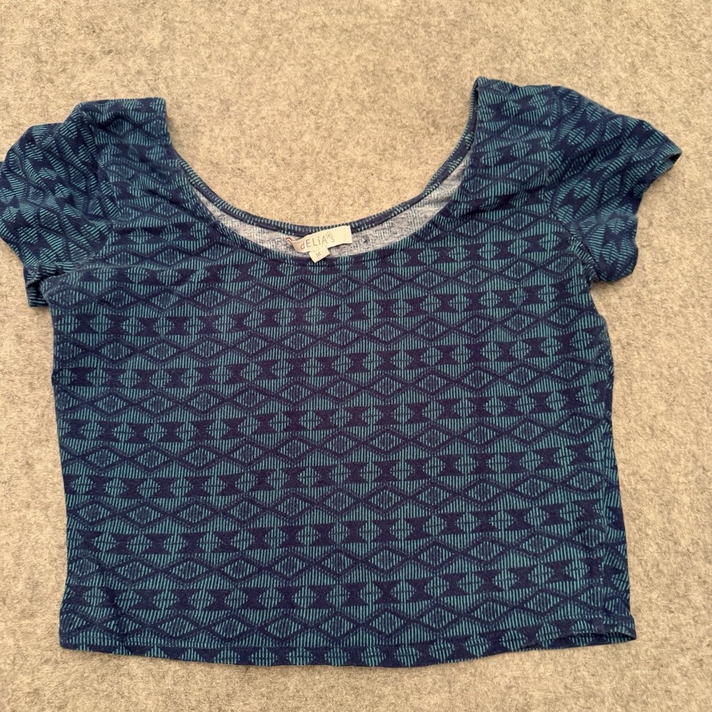Vintage dELiA*s Y2K Geometric Crop Top Blue Diamond Pattern Scoop Neck Size M